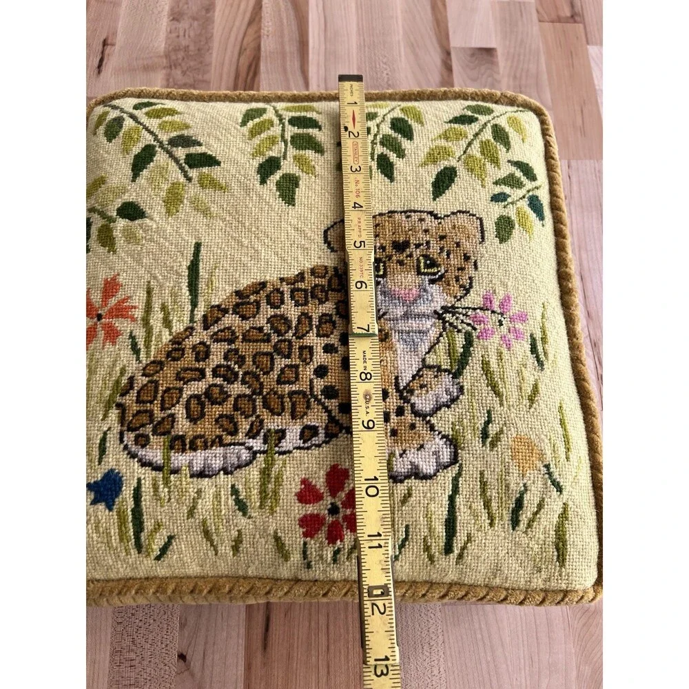 Vintage Needlepoint Pillow Ribbed Velvet Baby Cheetah Leopard Flowers 12 x 12